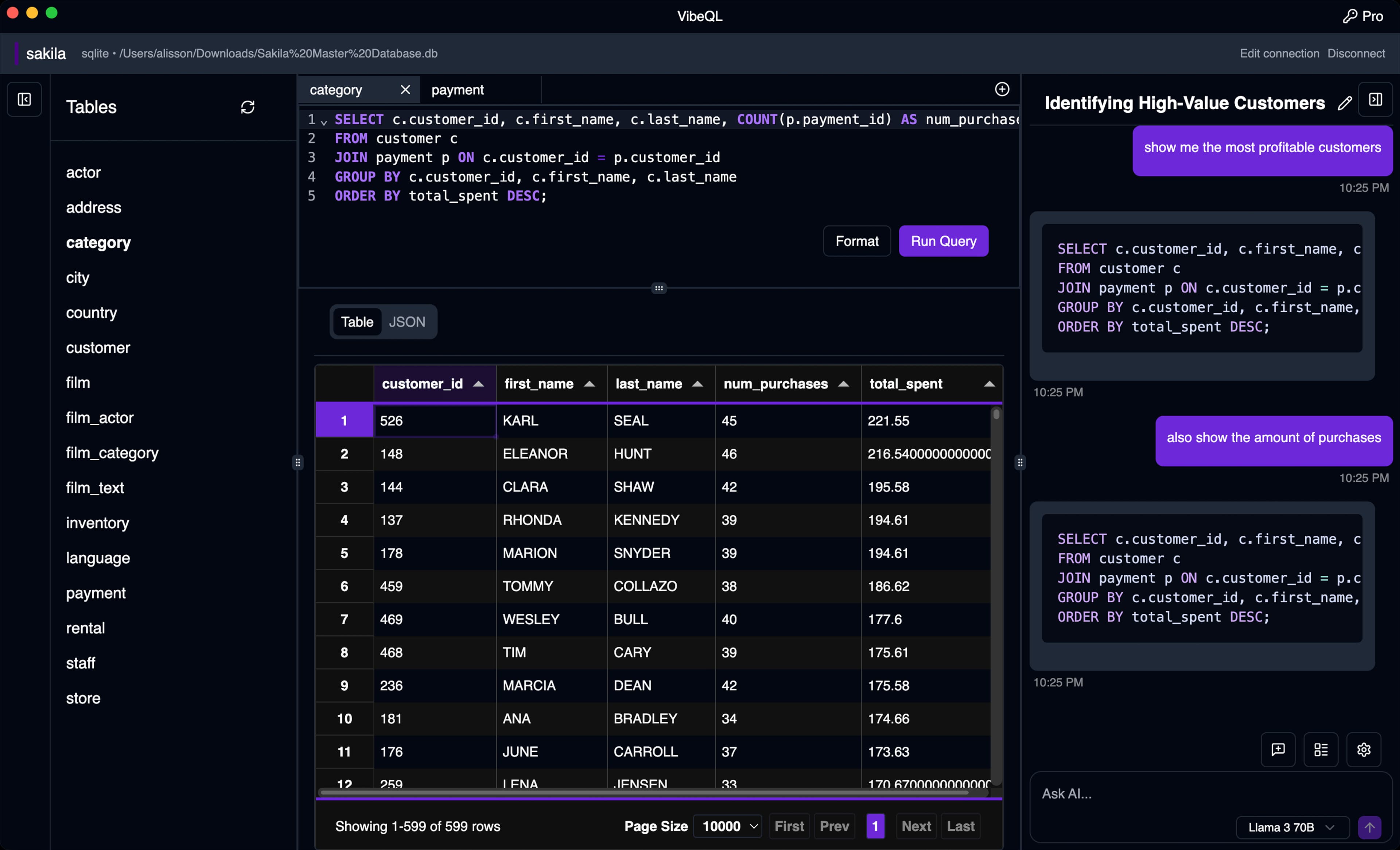 A preview of the VibeQL app